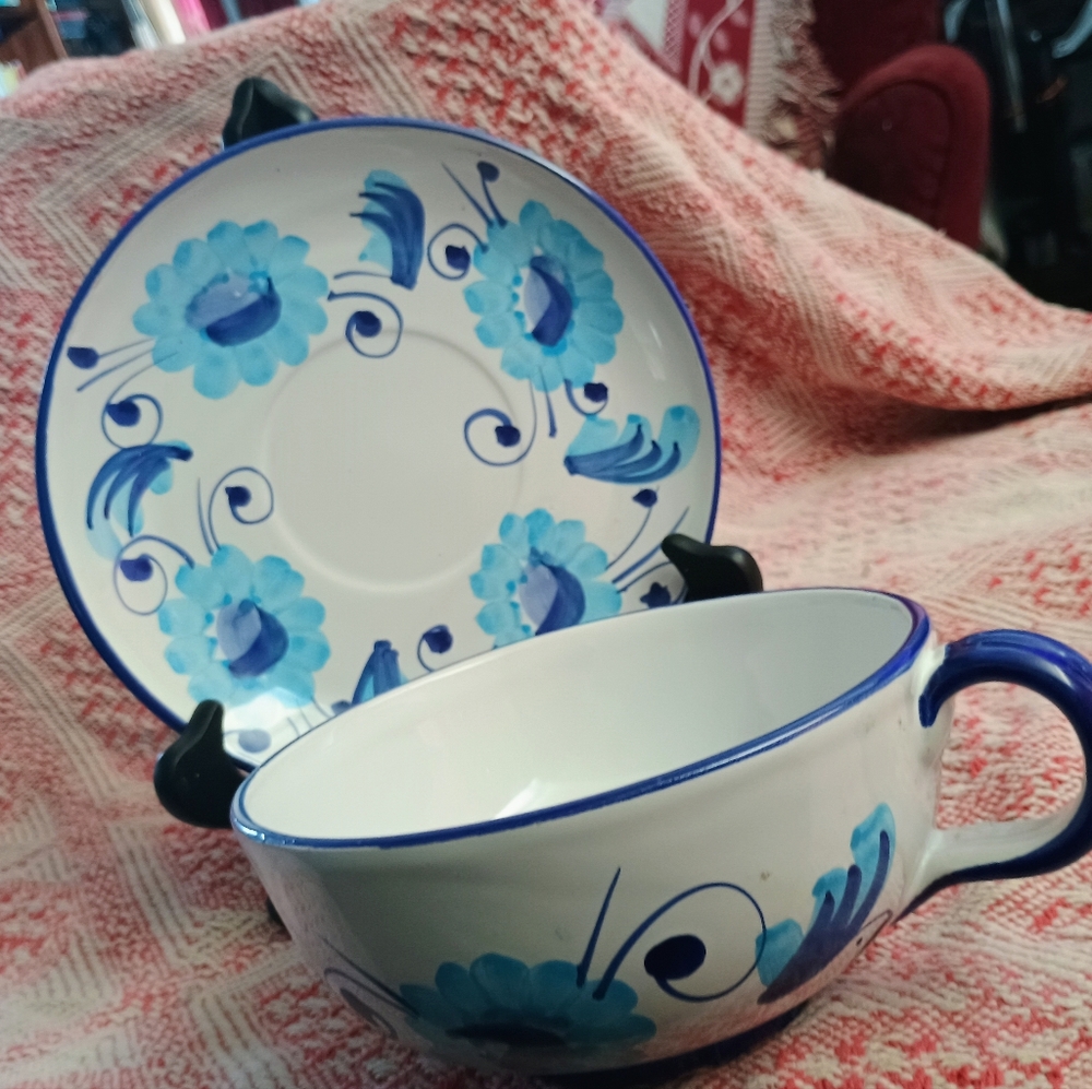 handpainted Blue Floral Majolica Italian Tea Cup & Saucer Demitasse